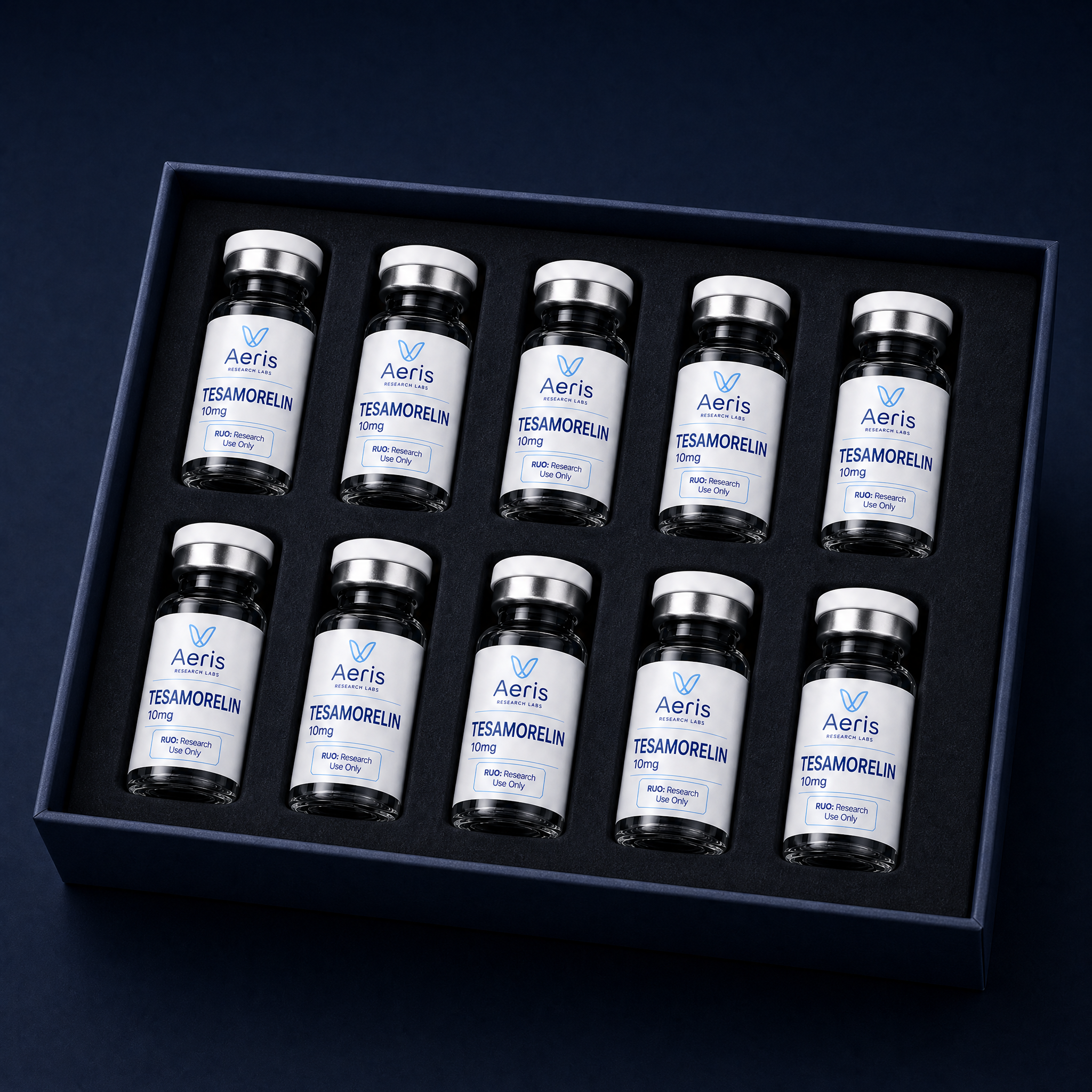 Tesamorelin 10mg — 10-vial tray — Aeris Research Labs, research use only